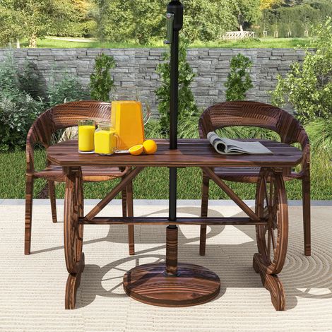 Mesa de Jardín de Madera de Abeto con Patas en Forma de Rueda Orificio para Sombrilla 120x63x70 cm Acabado Carbonizado (1/5)