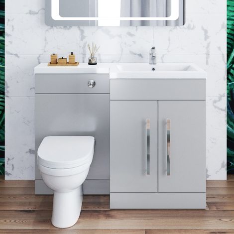 ELEGANT 1100mm Bathroom Vanity Sink Unit Furniture Storage,Left Hand Matte Grey Vanity unit + Basin + Ceramic D shaped Toilet with Concealed Cistern (1/5)