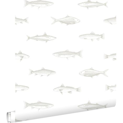 papier peint poissons blanc et argent  - ESTAhome