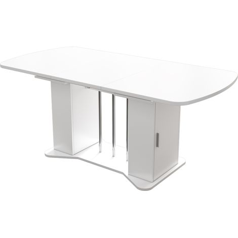 Tavolo da pranzo allungabile 120/160 x 80 cm, MDF bianco, gambe metalliche argentate (1/5)