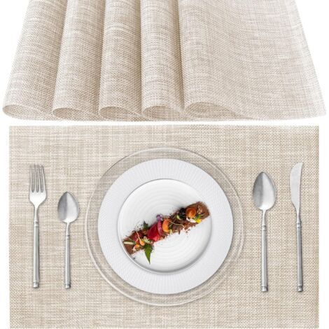 Sets de Table Lavable, Lot de 6 Sets de Table Plastique PVC, Résistant à la Chaleur, Antidérapant, pour Cuisine Table à Manger (Beige)