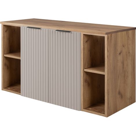 Furnidea - Meuble sous vasque suspendu FLOW CACHEMIRE 100 cm avec 2 x l'étagères - extensions et plan CHÊNE - 2 portes - façades rainurées (1/5)