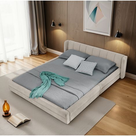 Bett 140x200 Bettgestell Chenille Stabil Beige HAVRYA (1/5)