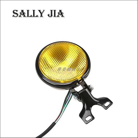 Phares de moto rétro en métal modifié, phares rétro noirs, phares rétro à verre jaune, phares rétro pour éclairage de loin et de près (sans LED, verre noir et jaune) (1/5)