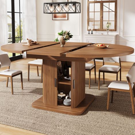 Table Ovale Extensible 110-150x110 cm, Avec Rangement Et Portes Coulissantes, MDF Et Métal - Noyer (1/5)