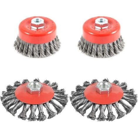 4pcs Brosse Métallique Nettoyage, Brosse Conique pour Meuleuse d'angle, Brosse de Ponçage en acier Torsadé, Diamètre de 75 mm et 100 mm, M14-Chrom (1/5)
