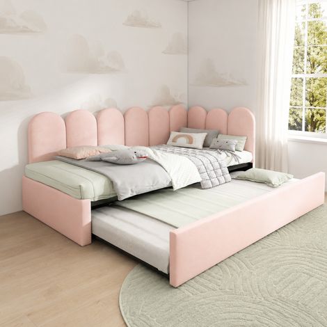 Letto estraibile 90/200 cm in velluto rosa con letto supplementare 90/190 cm, design giocoso e salvaspazio (1/5)