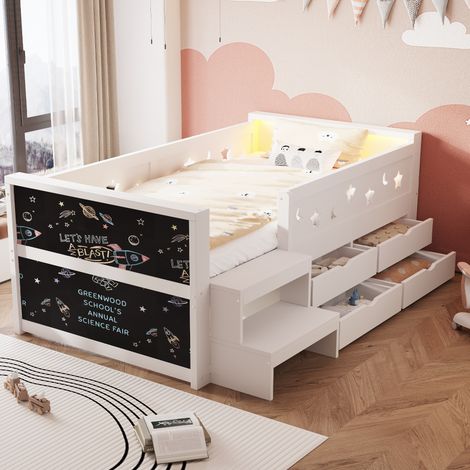 Letto bambino 90x200 cm con LED, lavagna creativa, 4 cassetti e scaletta, struttura in legno bianco (1/5)