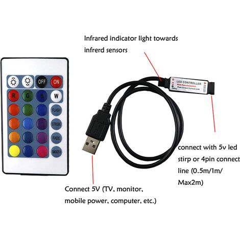 24-key infrared controller for mini USB LED strip, single 5-24V USB RGB controller