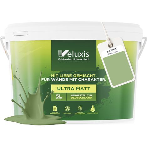 Wandfarbe Grün Salbeigrün Gelb Matt Innenfarbe – Deckkraft Klasse 1, VOC-frei, Ohne Grundierung, Tropfarm – Wohnzimmer & Schlafzimmer – 5L – Veluxis (Green Grape)
