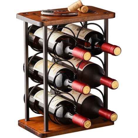 Range Bouteille en métal pour 6 Bouteilles de vin, Casier à vin empilable en Bois, Range Bouteille pour comptoir de Bar, Salon, Cuisine,Marron