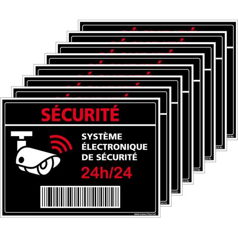 Autocollants Alarme Lot de 8 stickers Alarme Sécurité Protection Vidéosurveillance 8 x 6 cm résistants UV et pluie. Sécurité 24h/24h . code barre . noir . - Sécurité 24h/24h - code barre - noir