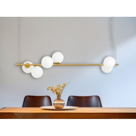 LED Pendelleuchte 6-flammig Gold mit Glaskugeln in Opalweiß, Breite 120cm