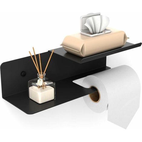 Grand Porte Papier Toilette avec Double Plateau, Porte Rouleau Papier Toilette avec Rangement pour lingettes humides, 30x10 cm Support Papier Toilette Mural, à percer et Autocollant,Noir (1/5)