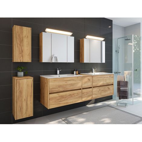 Badmöbelset Taifun 190cm 5tlg mit 2x Spiegelschrank und 2x Badschrank eiche gold