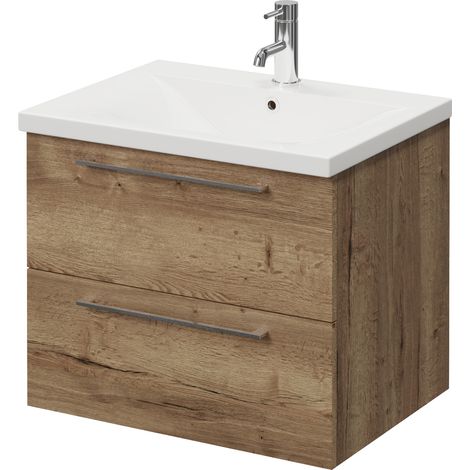 Napoli 460 Tobacco Oak 600mm Wall Mounted 2 Drawer Vanity Unit with Glide Basin - 600mm - Chrome 320mm Handle