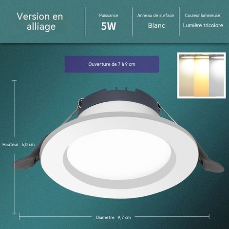 Lot de 3 spots LED encastrables plafond 5W alliage aluminium fin, 3 couleurs modulables, blanc ivoire, trou de coupe 7‑9cm