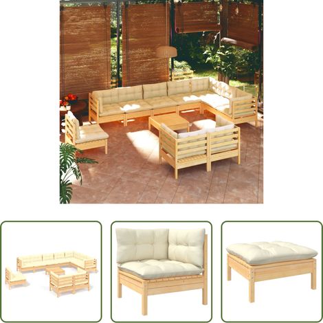 Terrassensofa - 11-tlg. Garten-Lounge-Set mit Creme Kissen Massivholz Kiefer (1/5)