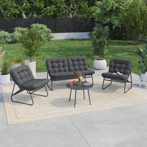 ARONA Conjunto de mobiliario de jardín bajo de 4 plazas en metal gris antracita y cojines grises con sofá, sillones y mesa