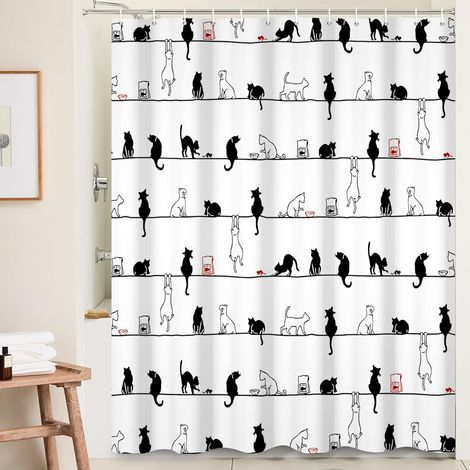 180x180cm Rideau de Douche de Chat Noir Blanc Rideaux de Salle de Bain de Chaton Simple Mignon avec Crochets imperméables Animaux drôles Pet Minimaliste Baignoire Décorations Fournitures (1/5)