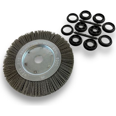 Brosse circulaire NYLON Abrasif  Ø 175 mm  Epaisseur 1 rang  Carbure de silicium Grain 80  Alésage 20 mm + réducteur bague 16/12 mm  Touret meuleuse ponceuse  Kibros 214176KR80 (1/5)