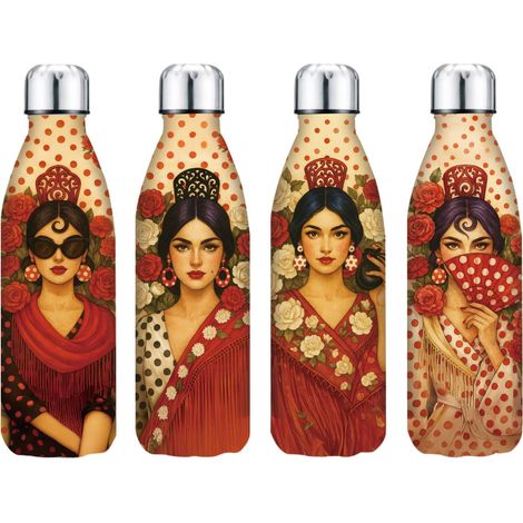 Set de 4 botellas térmicas de acero con flamencas 26,5 cm (1/5)