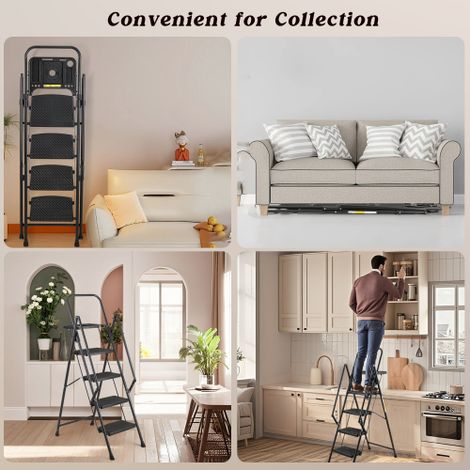 Escabeau 4 marches pliable noir en acier robuste avec marches antidérapantes, main courante et verrouillage sécurité, charge testée 330 livres pour maison et cuisine (1/5)