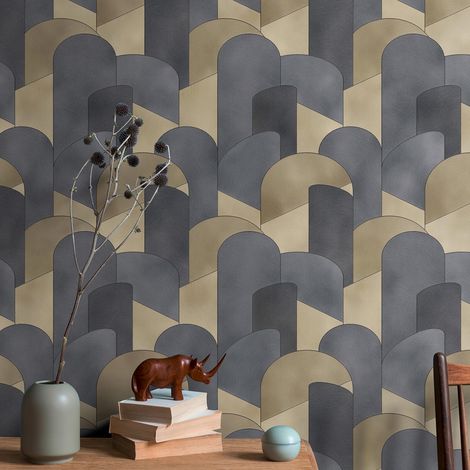 Papier peint gris anthracite et doré graphique | Tapisserie géométrique moderne grise & or | Papier peint tendance chambre adulte (1/2)