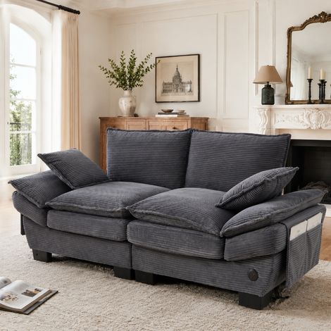 Modulares 2-Sitzer Cordsofa Dunkelgrau mit USB-C Anschluss & Seitentaschen, Ergonomisches Lounge Sofa für Wohnzimmer, 190x73x84 cm (1/5)