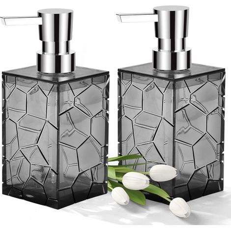 Set of two clear acrylic plastic liquid soap dispensers for bathroom and kitchen, black and grey (1/5)
