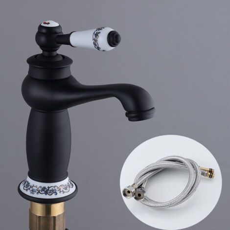 Noir Robinet Rétro de Lavabo Évier en Laiton Céramique Robinet Antique Vintage Mitigeur Robinet d'Eau Froide/Chaude Remplacement Décoration pour Cuisine Salle de Bain (1/4)