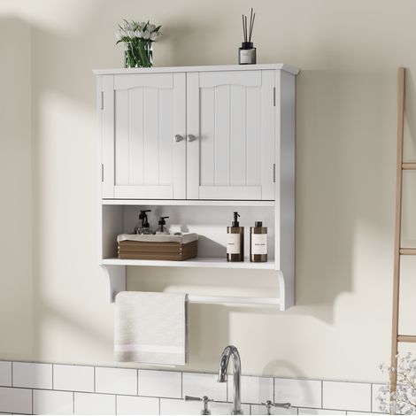 Mobile bagno a parete 56.8x19x70 cm con porta asciugamani, 2 ripiani regolabili, MDF bianco (1/5)