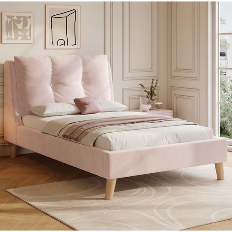 Letto imbottito rosa in velluto 90x200 cm con testiera regolabile e rete a doghe (1/5)