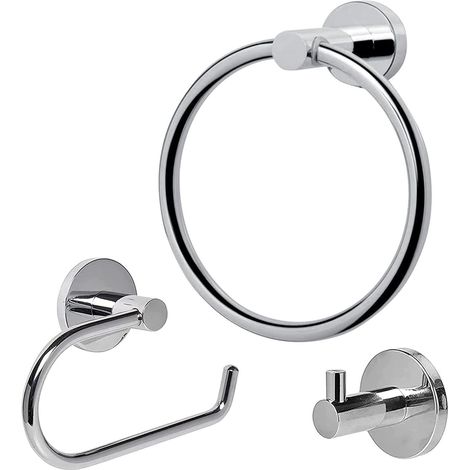 Toilettenpapierrollenhalter-Set, 3-teilig, Wandmontage, Badezimmeraccessoire, verchromter Papierhalter + Handtuchring aus Edelstahl + Kleiderhaken, Silber (1/5)