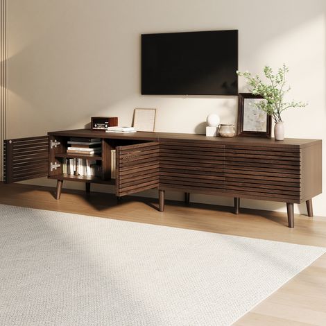 Meuble TV 75 pouces, meuble bas noir noyer 4 portes, console télé ajourée avec passe-câbles, rangement spacieux pour salon, étagère TV élégante, 180x40x46 cm (1/5)