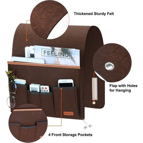 Organisateur d'accoudoir pour canapé. Sac de rangement pour fauteuil avec 5 poches. Housse de fauteuil pour télécommande, iPad, magazines, lunettes (marron)