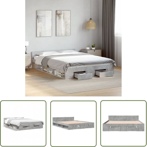 The Living Store Cadre de lit avec tiroirs sans matelas gris béton 140x190 cm - Cadre De Lit - Lit Double - Lit Avec Tiroirs - Meuble De Chambre - Rangement Sous Lit (1/5)