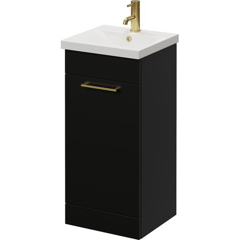 Napoli 390 Matt Black 400mm Single Door Vanity Unit with Glide Basin - 400mm - Brushed Brass 160mm Handle