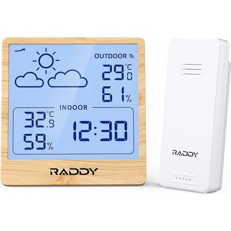 Station Météo Sans Fil Thermomètre Hygromètre Intérieur Extérieur, Moniteur Température Humidité sur Piles, Écran TN 5,0'', Prévisions Météo, Capteur à Distance (Bois Clair) (1/5)