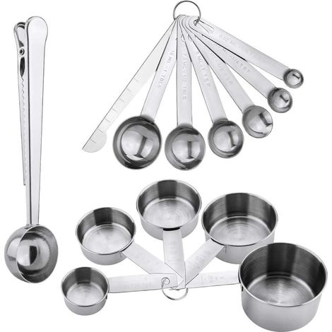 Set d’ustensiles de mesure en acier inoxydable 13 pièces avec règle de mesure, 5 tasses à mesurer, 6 cuillères doseuses et cuillère doseuse à café avec clip pour ingrédients secs et liquides