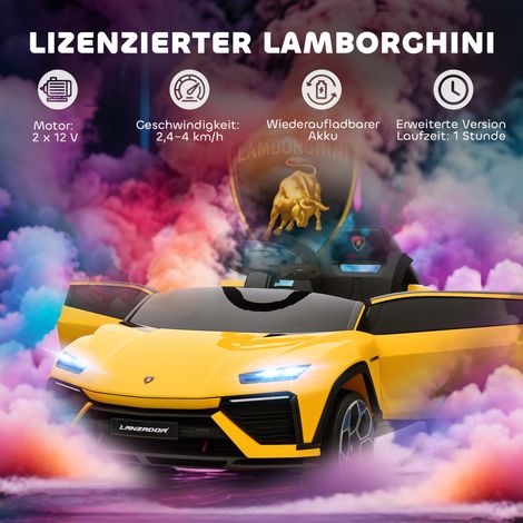 Voiture électrique enfant 12V avec télécommande 2,4GHz, double moteur, avertisseur, éclairage LED, musique, 101,5x49x43 cm, jaune (1/4)