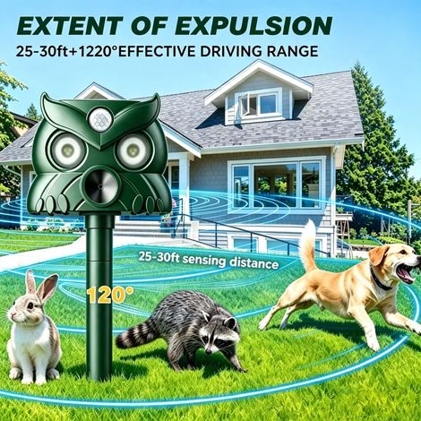 Répulsif à ultrasons solaire pour jardin, détecteur de mouvement PIR IP65, double charge solaire et USB, repousse chats, chiens, lapins, cerfs, piquet de terre extérieur (1/5)