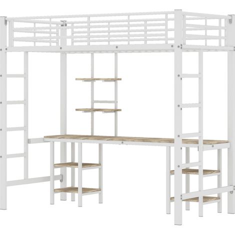 Letto a soppalco in metallo con scrivania e scaffali 90 x 200 cm bianco (1/5)