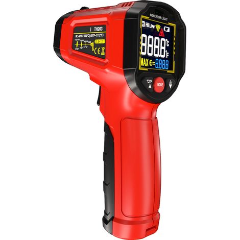 Thermomètre infrarouge sans contact, pistolet de mesure -50°C à 600°C, émissivité réglable, rapport D:S 12:1, écran VA rétroéclairé couleur inversée, alarme haut/bas, maintien des données, arrêt auto, (1/5)