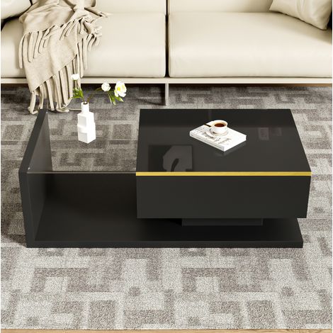 Mesa salón LED con almacenamiento vidrio negro moderna OKMYHOME (1/5)