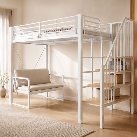 Cama alta 90x200 con sofá extraíble y almacenaje, blanco, metal y madera, sin colchón FloraGrace