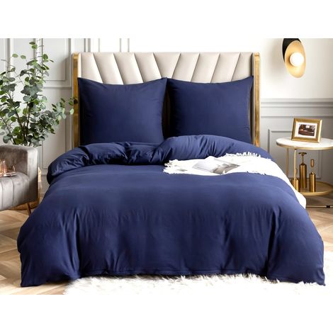 Parure de lit 3 pièces 200x200 cm,Bleu foncé,100 % microfibre douce et agréable,105 g/m²,1 housse de couette de 200x200 cm avec fermeture éclair + 2 taies d'oreiller de 80x80 cm,Infroissable (1/5)
