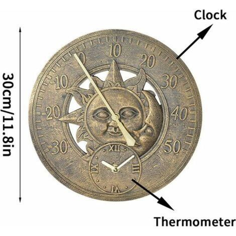 Horloge murale extérieure vintage étanche – Design soleil et lune – Résine durable effet bronze – Fonctionnement silencieux