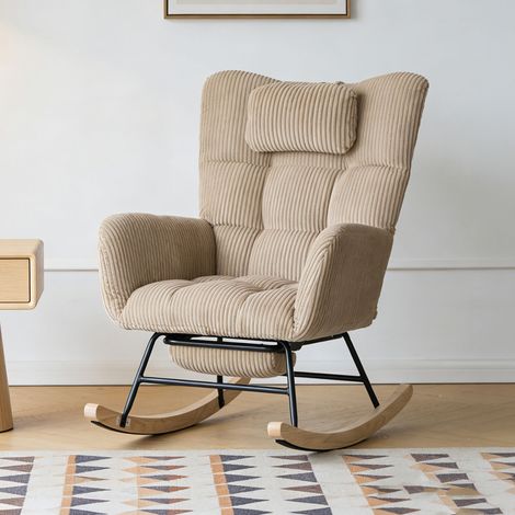 Fauteuil à bascule + repose-pied rétractable en velours côtelé beige (1/5)