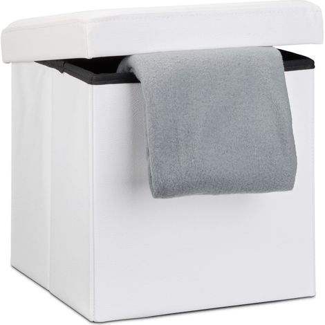 Tabouret pliant en similicuir pouf de rangement pliable repose-pieds de stockage carré 38 x 38 x 38 cm avec couvercle amovible assise table ottoman coffre chaise, blanc (1/5)